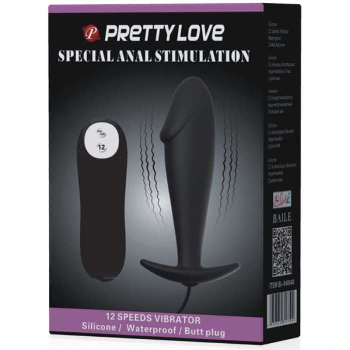 PRETTY LOVE - PLUG ANAL SILICONE FORMA PENIS E 12 MODOS VIBRAÇÃO - NEGRO