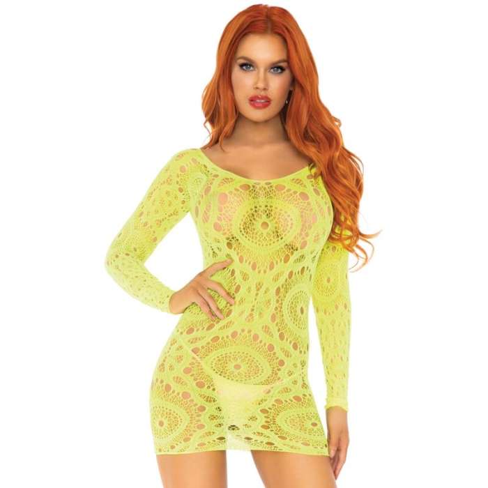 LEG AVENUE MINI VESTIDO COM MANGA LONGA NEON LACE UM TAMANHO