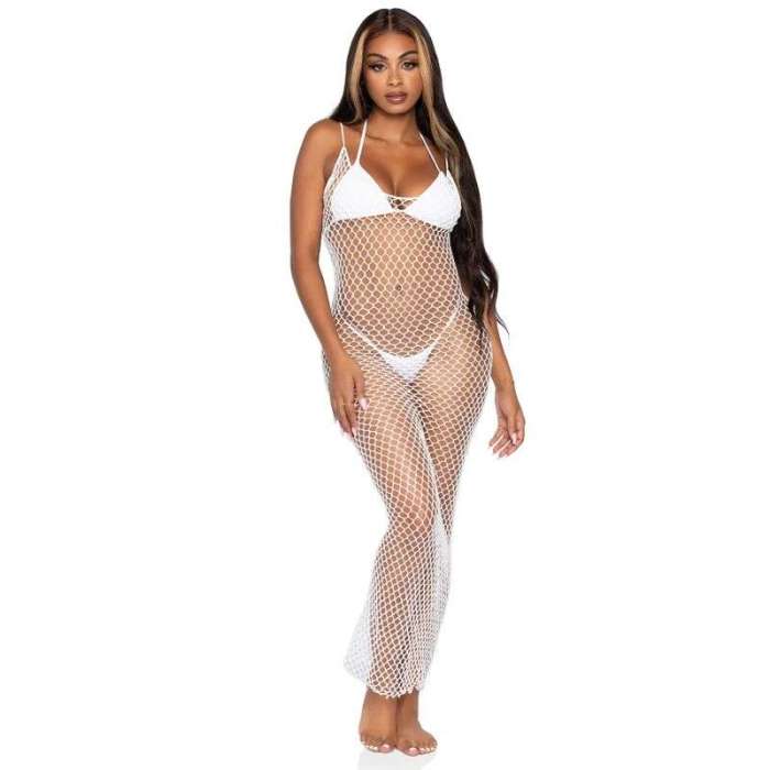 VESTIDO - LEG AVENUE WOVEN TWIST NET MAXI DRESS ONE SIZE WHITE