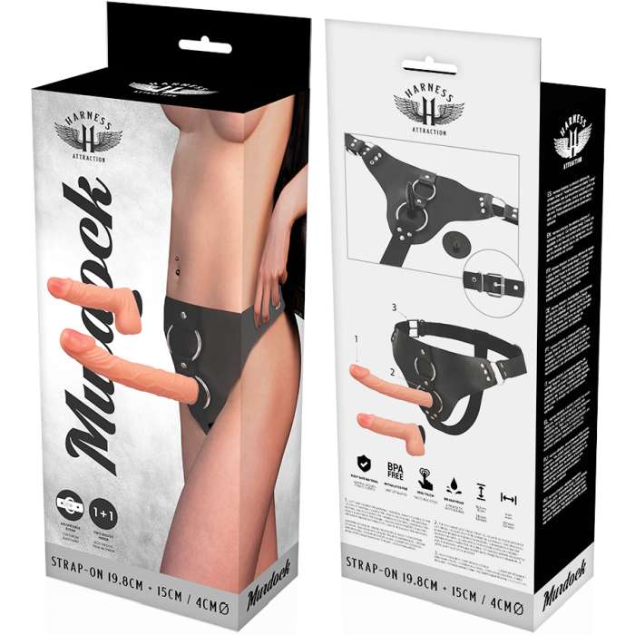 ARNÊS COM DOIS DILDOS - HARNESS ATTRACTION 19.8CM E 15CM
