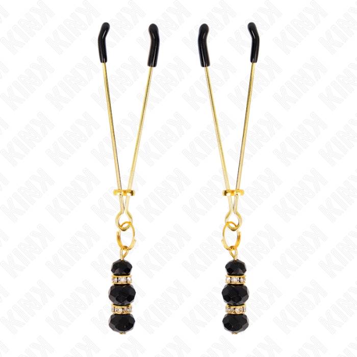 KINK - PINÃAS FINAS DOURADAS COM 3 CONTAS DE VIDRO PRETAS 7 CM