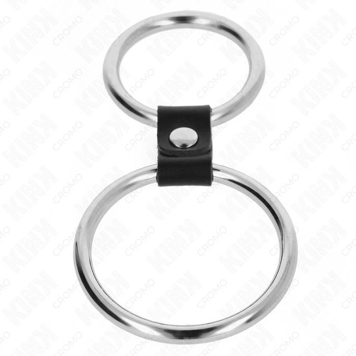 KINK - ANEL DE PÃNIS DUPLO DE METAL 3,7 CM A 5 CM CONECTADO POR TIRA DE COURO MODELO 1