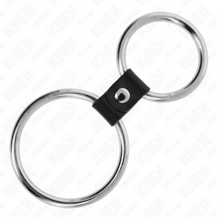 KINK - ANEL DE PÃNIS DUPLO DE METAL 3,7 CM A 5 CM CONECTADO POR TIRA DE COURO MODELO 1