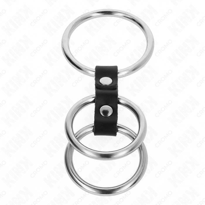 KINK - ANEL DE PÃNIS TRIPLO DE METAL DE 3,7 CM A 5 CM CONECTADO COM COURO