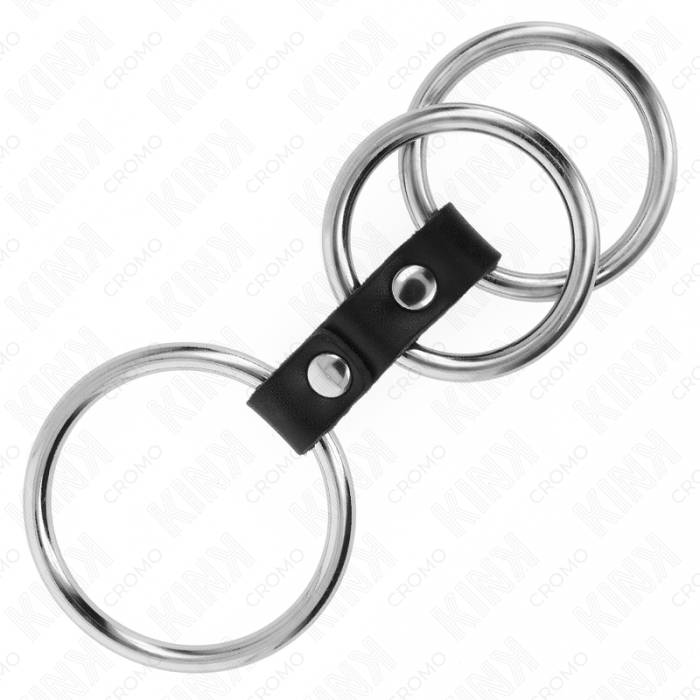 KINK - ANEL DE PÃNIS TRIPLO DE METAL DE 3,7 CM A 5 CM CONECTADO COM COURO