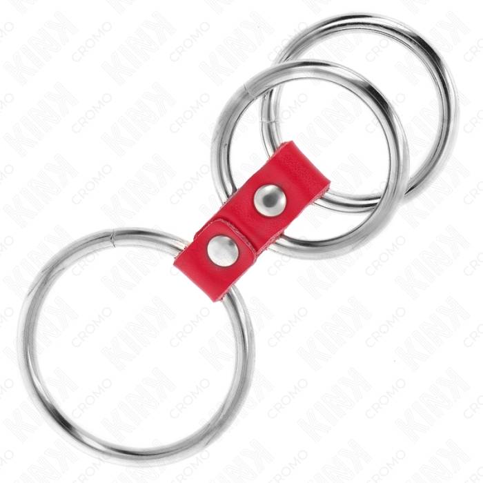 KINK - ANEL DE PÃNIS TRIPLO DE METAL DE 3,7 CM A 5 CM CONECTADO COM COURO VERMELHO