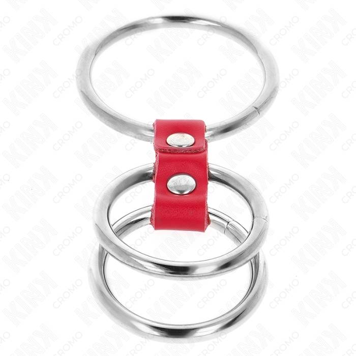 KINK - ANEL DE PÃNIS TRIPLO DE METAL DE 3,7 CM A 5 CM CONECTADO COM COURO VERMELHO