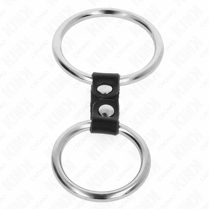 KINK - ANEL DE PÃNIS DUPLO DE METAL 3,7 CM A 5 CM CONECTADO POR TIRA DE COURO MODELO 2