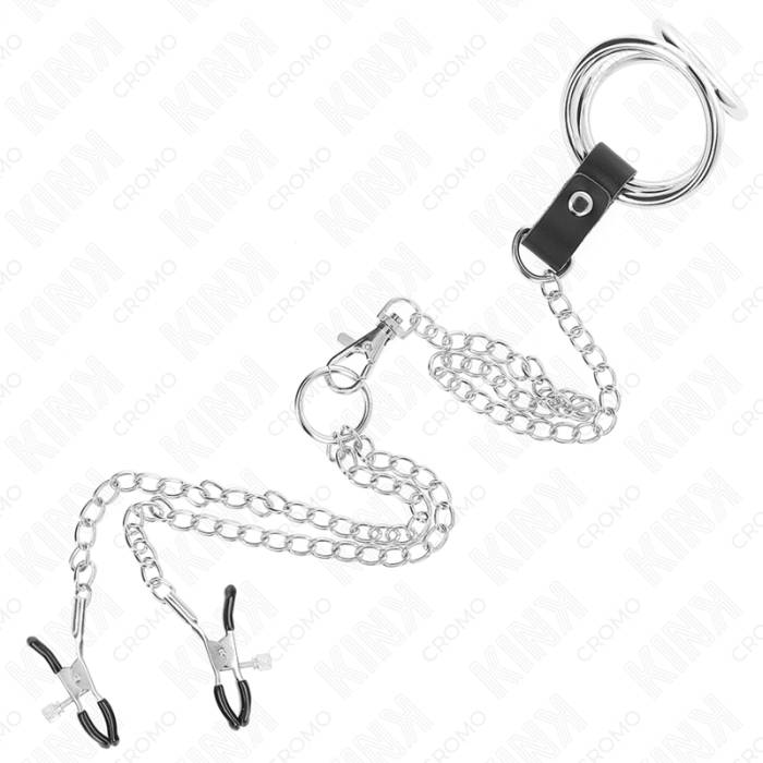 KINK - ANEL DE PÃNIS TRIPLO DE METAL CROMADO DE 3,8 CM A 5 CM COM CORRENTE DE METAL DE 26 CM E GRAMPOS DE MAMILOS MODELO 1