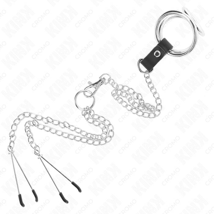 KINK - ANEL DE PÃNIS TRIPLO DE METAL CROMADO DE 3,8 CM A 5 CM COM CORRENTE DE METAL DE 26 CM E GRAMPOS DE MAMILOS MODELO 2