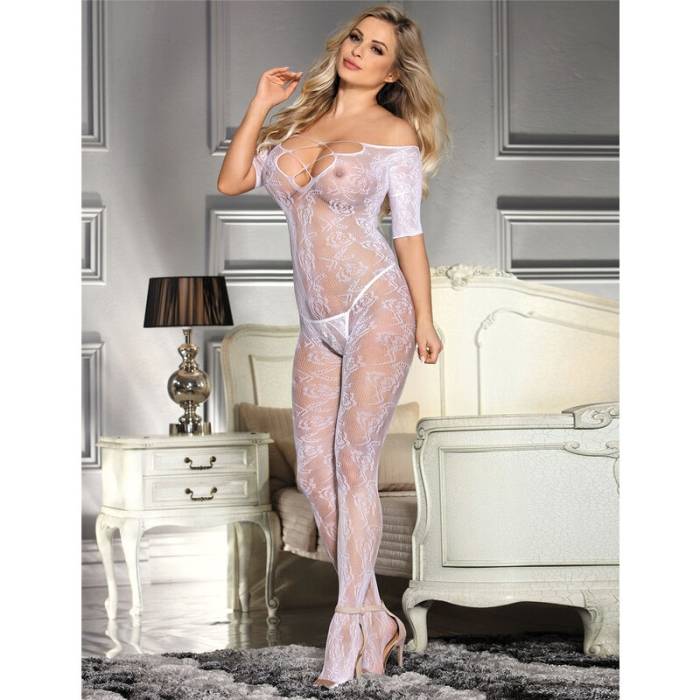 SUBBLIME - 951818 BODYSTOCKING SEM FUNDO DE REDE COM PADRO DE ROSAS BRANCAS TAMANHO ÃNICO