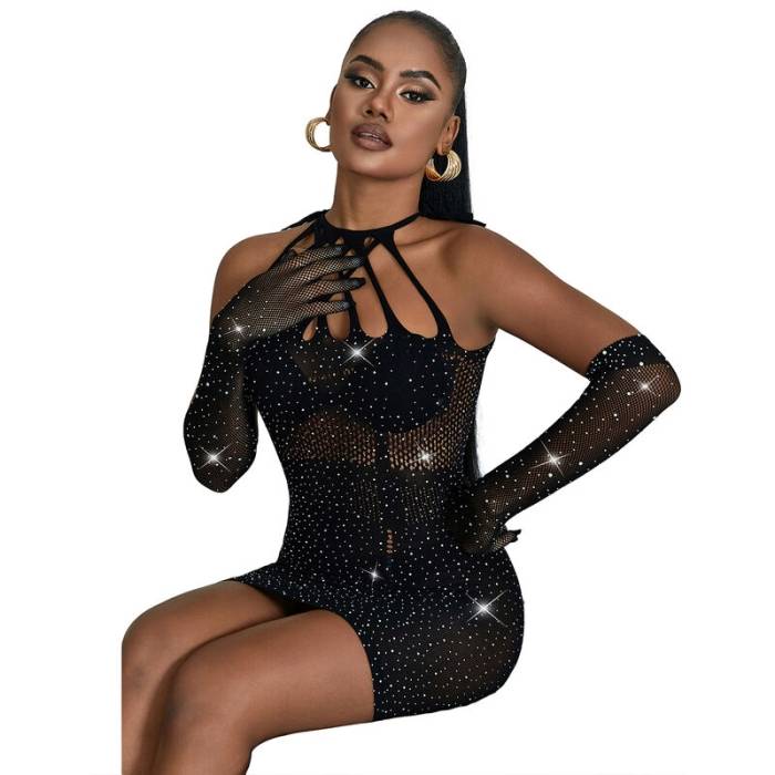 SUBBLIME - 952235 BODYSTOCKING DE REDE COM STRASS E LUVAS PRETAS TAMANHO ÃNICO
