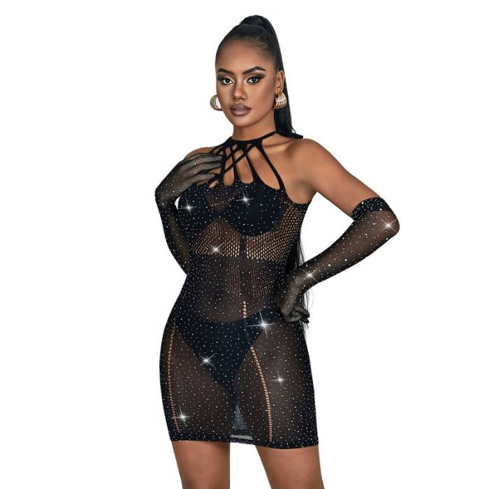 SUBBLIME - 952235 BODYSTOCKING DE REDE COM STRASS E LUVAS PRETAS TAMANHO ÃNICO