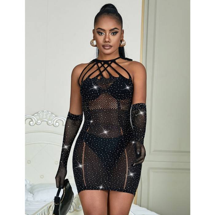SUBBLIME - 952235 BODYSTOCKING DE REDE COM STRASS E LUVAS PRETAS TAMANHO ÃNICO