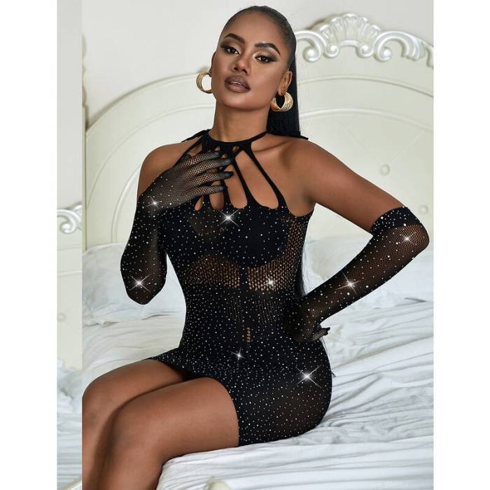 SUBBLIME - 952235 BODYSTOCKING DE REDE COM STRASS E LUVAS PRETAS TAMANHO ÃNICO