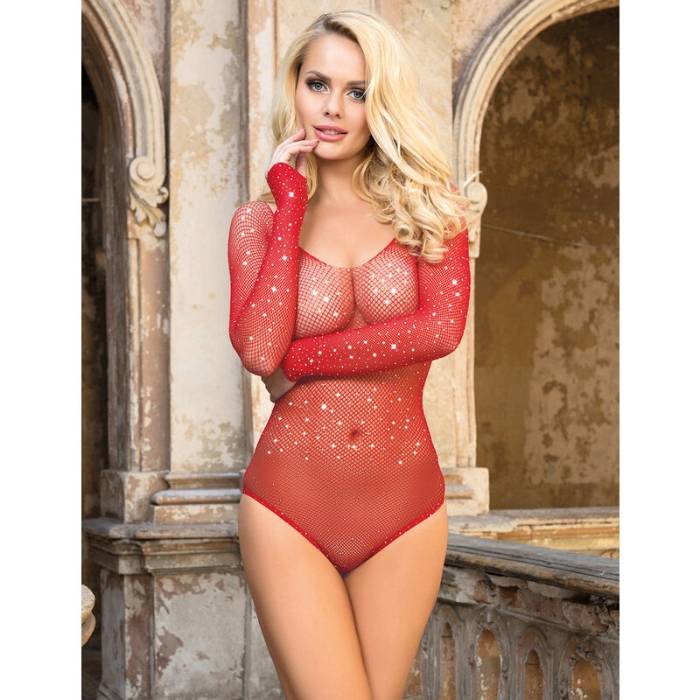 SUBBLIME - 952303 BODYSTOCKING GRILL BRILHANTE COM OMBROS ABERTOS MANGA LONGA VERMELHO TAMANHO ÃNICO