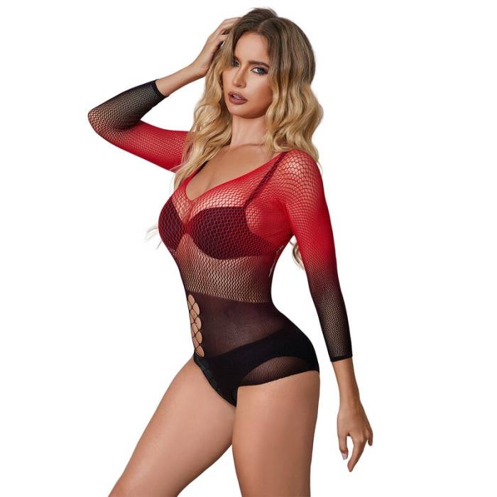 SUBBLIME - 952259 BODYSTOCKING DE REDE ELSTICA DE MANGA LONGA COM DEGRADÃ VERMELHO E PRETO TAMANHO ÃNICO
