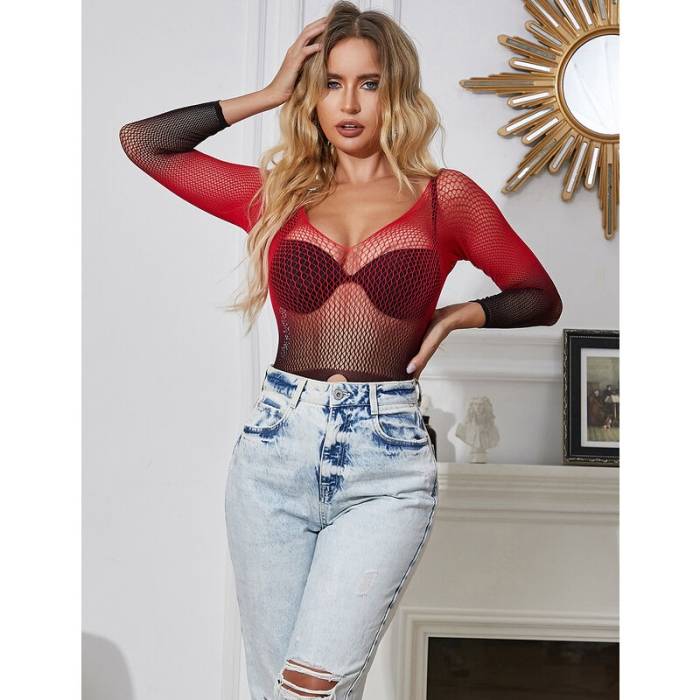 SUBBLIME - 952259 BODYSTOCKING DE REDE ELSTICA DE MANGA LONGA COM DEGRADÃ VERMELHO E PRETO TAMANHO ÃNICO