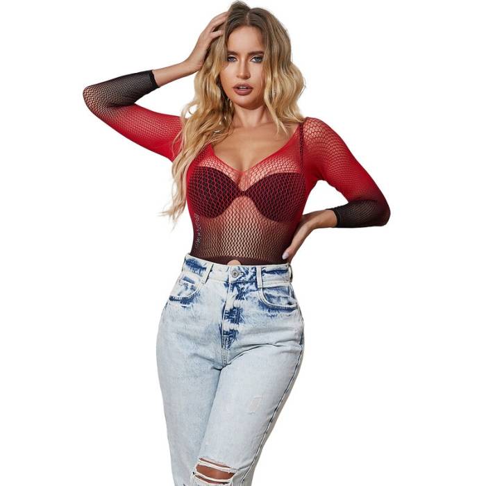 SUBBLIME - 952259 BODYSTOCKING DE REDE ELSTICA DE MANGA LONGA COM DEGRADÃ VERMELHO E PRETO TAMANHO ÃNICO