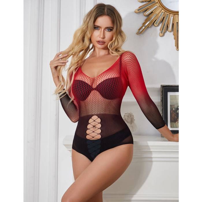SUBBLIME - 952259 BODYSTOCKING DE REDE ELSTICA DE MANGA LONGA COM DEGRADÃ VERMELHO E PRETO TAMANHO ÃNICO