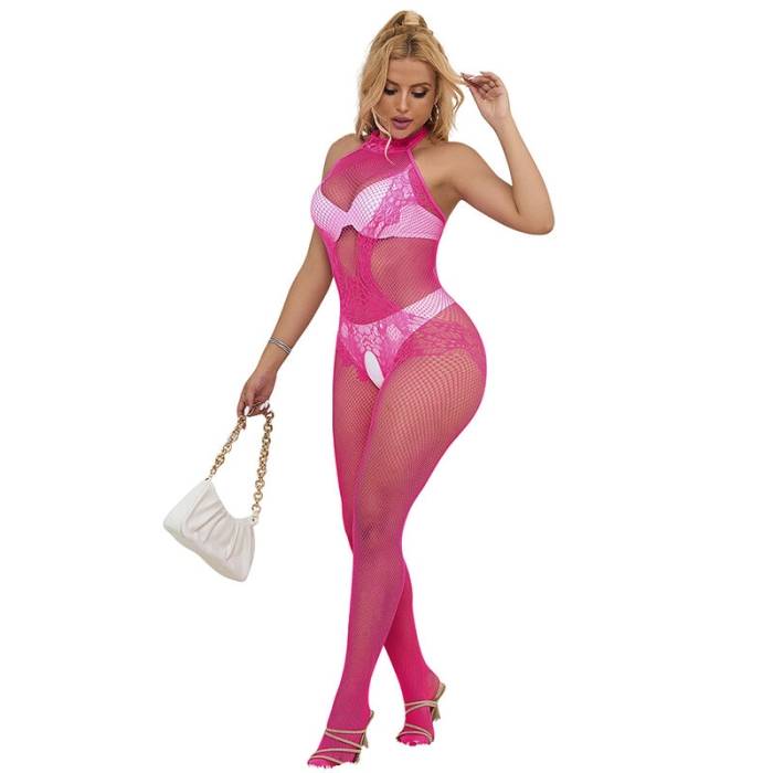 SUBBLIME - 952389 BODYSTOCKING SEM FUNDO DE REDE E RENDA COM GOLA ALTA ROSA TAMANHO ÃNICO