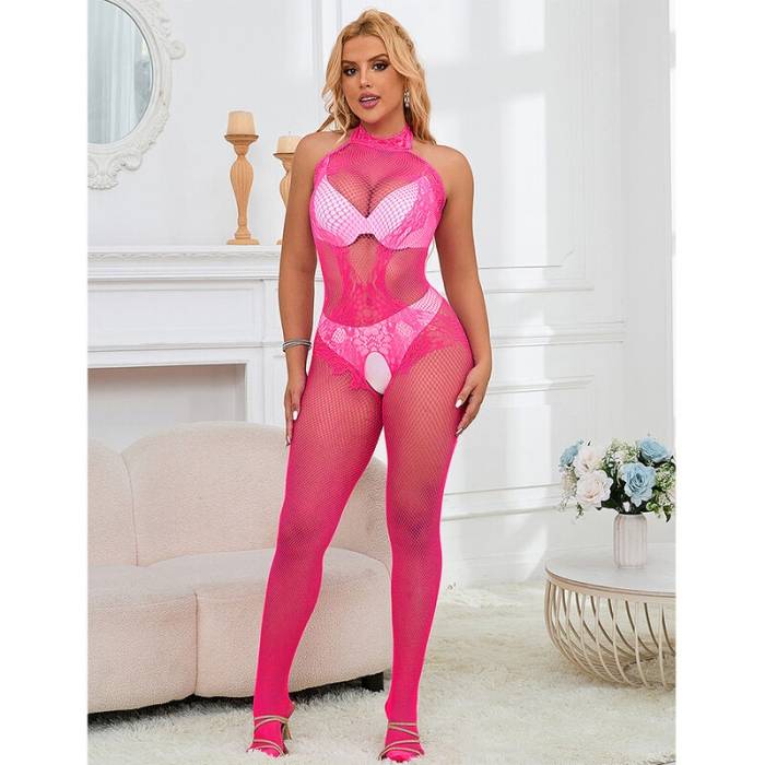 SUBBLIME - 952389 BODYSTOCKING SEM FUNDO DE REDE E RENDA COM GOLA ALTA ROSA TAMANHO ÃNICO
