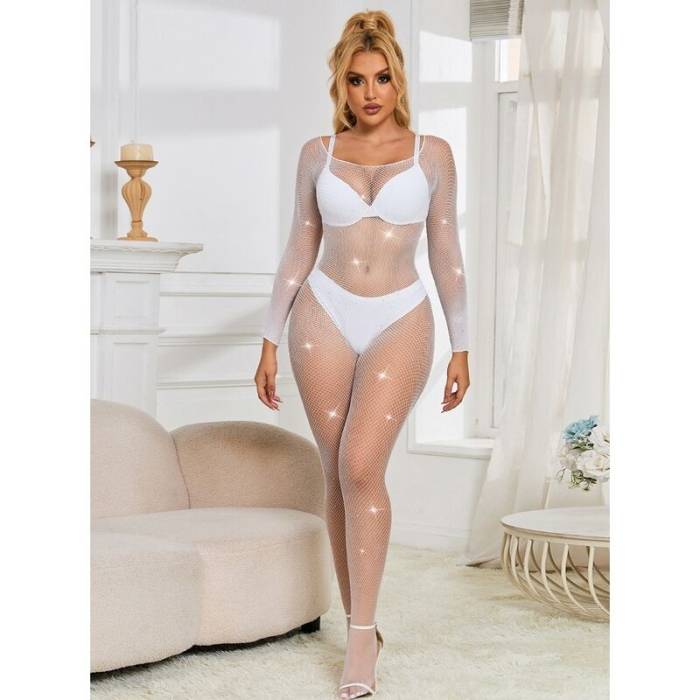 SUBBLIME - 952396 BODYSTOCKING DE REDE COM DIAMANTES MANGA COMPRIDA BRANCO TAMANHO ÃNICO
