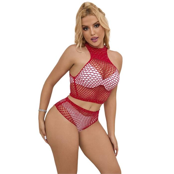 SUBBLIME - 952402 BODYSTOCKING FISHNET SET COM DIAMANTES ROSA TAMANHO ÃNICO
