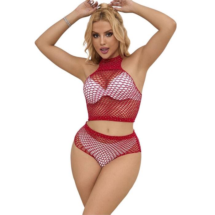 SUBBLIME - 952402 BODYSTOCKING FISHNET SET COM DIAMANTES ROSA TAMANHO ÃNICO