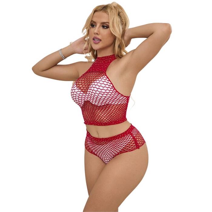 SUBBLIME - 952402 BODYSTOCKING FISHNET SET COM DIAMANTES ROSA TAMANHO ÃNICO