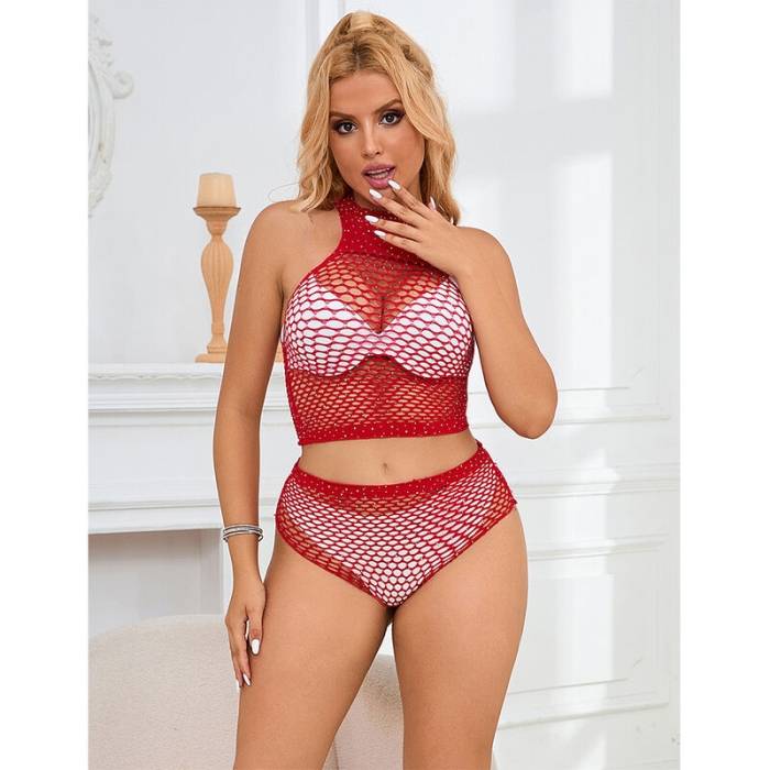 SUBBLIME - 952402 BODYSTOCKING FISHNET SET COM DIAMANTES ROSA TAMANHO ÃNICO
