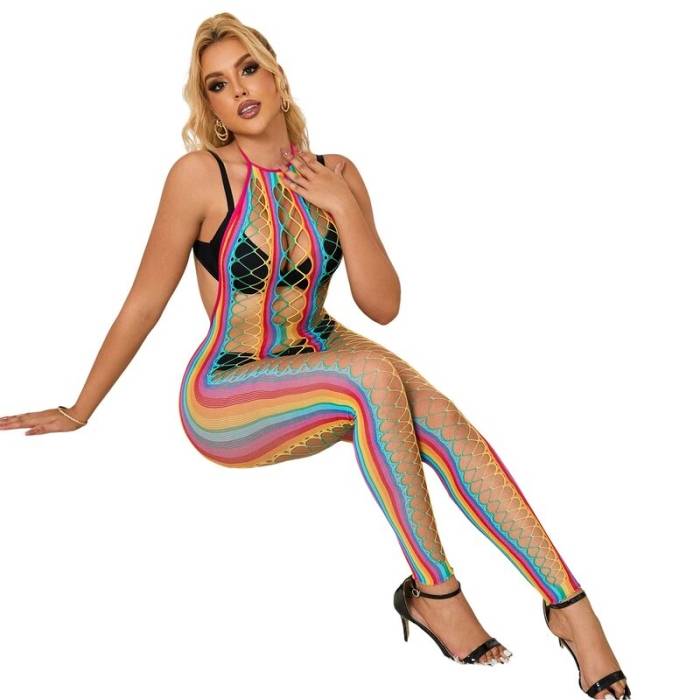 SUBBLIME - 952358 RAINBOW HALTER NECK FISHNET BODYSTOCKING TAMANHO ÃNICO