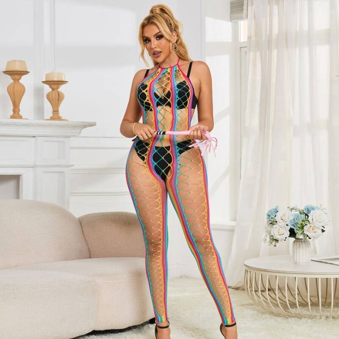 SUBBLIME - 952358 RAINBOW HALTER NECK FISHNET BODYSTOCKING TAMANHO ÃNICO