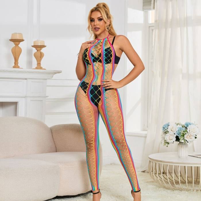 SUBBLIME - 952358 RAINBOW HALTER NECK FISHNET BODYSTOCKING TAMANHO ÃNICO