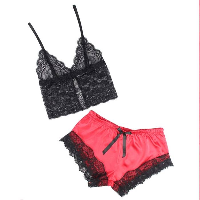 SUBBLIME - 953959 CAMISOLA DE SEDA CASUAL + CALÃA DE RENDA PRETA/VERMELHA S/M