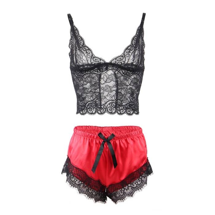 SUBBLIME - 953959 CAMISOLA DE SEDA CASUAL + CALÃA DE RENDA PRETA/VERMELHA S/M