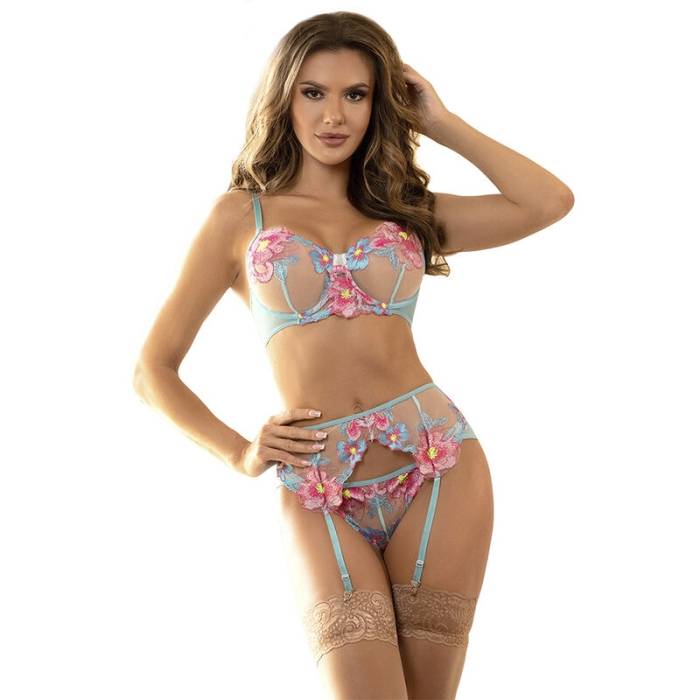 SUBBLIME - 954109 SUTIÃ + CALCINHA COM CINTO-LIGA DESIGN FLORAL AZUL S/M