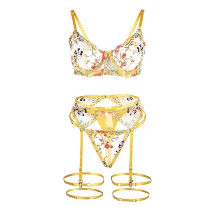SUBBLIME - 954345 SUTIÃ + TANGA + CINTO-LIGA DESIGN FLORAL AMARELO S/M