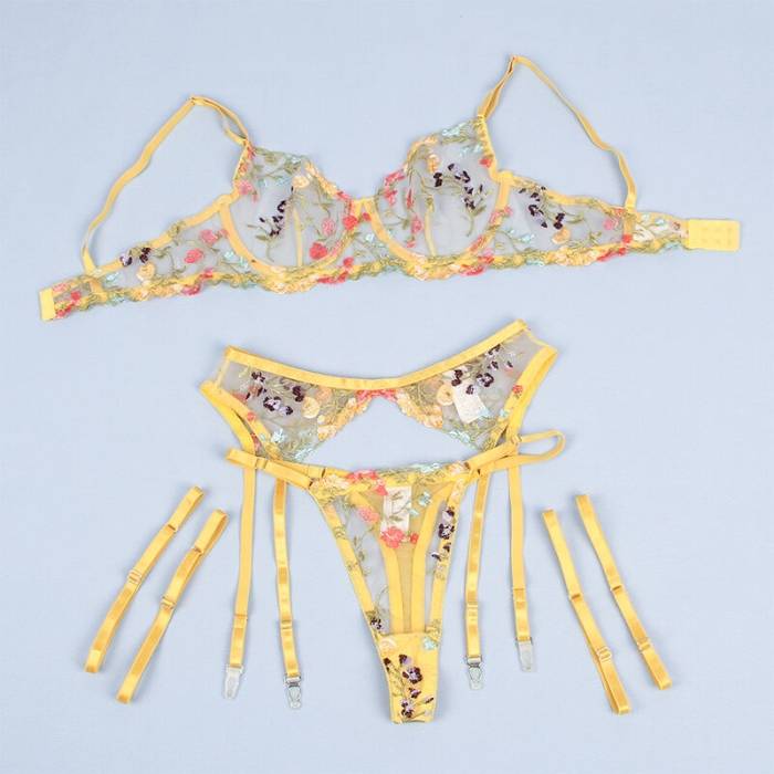 SUBBLIME - 954345 SUTIÃ + TANGA + CINTO-LIGA DESIGN FLORAL AMARELO S/M