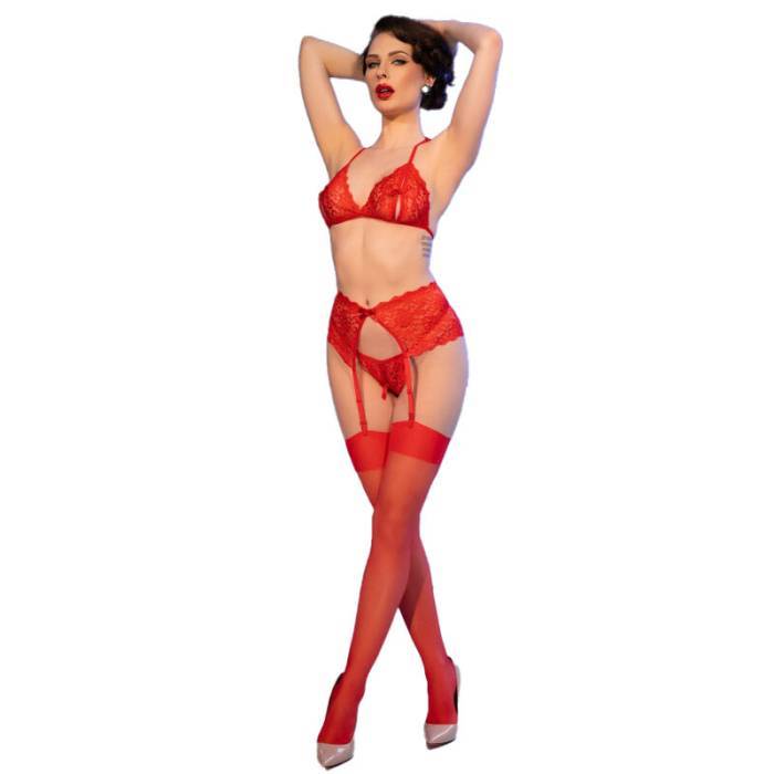 CHILIROSE - CR 4848 CONJUNTO SUTIÃ DE RENDA VERMELHA + TANGA + MEIAS L