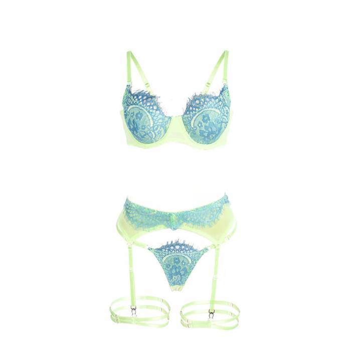 SUBBLIME - 955311 CONJUNTO DE SUTIÃ COM RENDA E LIGAS VERDE E AZUL S/M