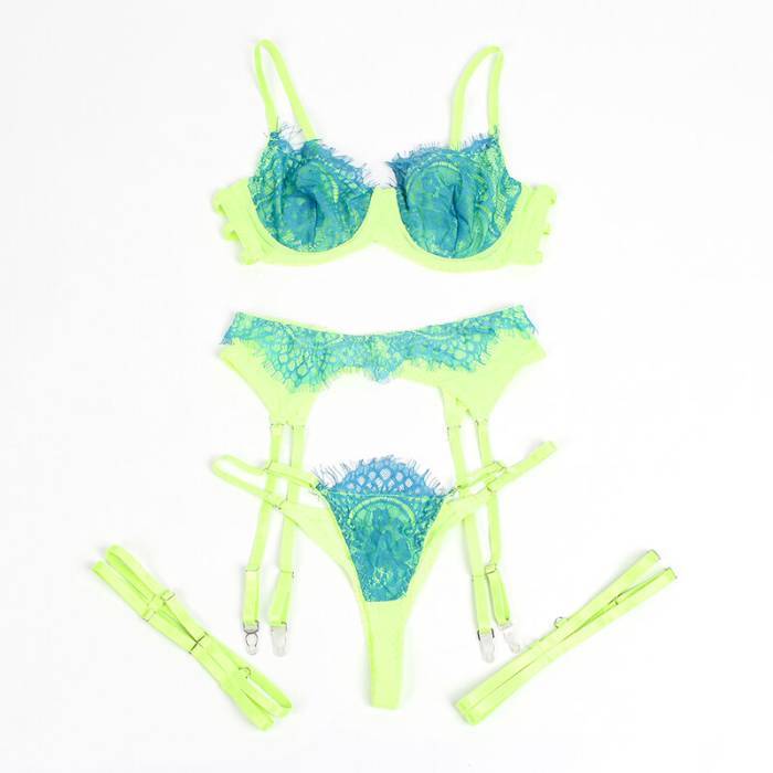 SUBBLIME - 955328 CONJUNTO DE SUTIÃ COM RENDA E LINHAS DE LIGA VERDE E AZUL L/XL