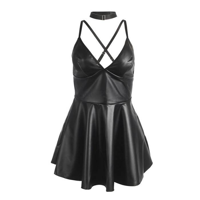 SUBBLIME - 955373 VESTIDO COM ALÃAS DE COURO PRETO S/M