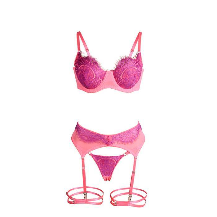 SUBBLIME - 955359 CONJUNTO DE SUTIÃ COM RENDA E LIGAS ROSA E ROXO S/M
