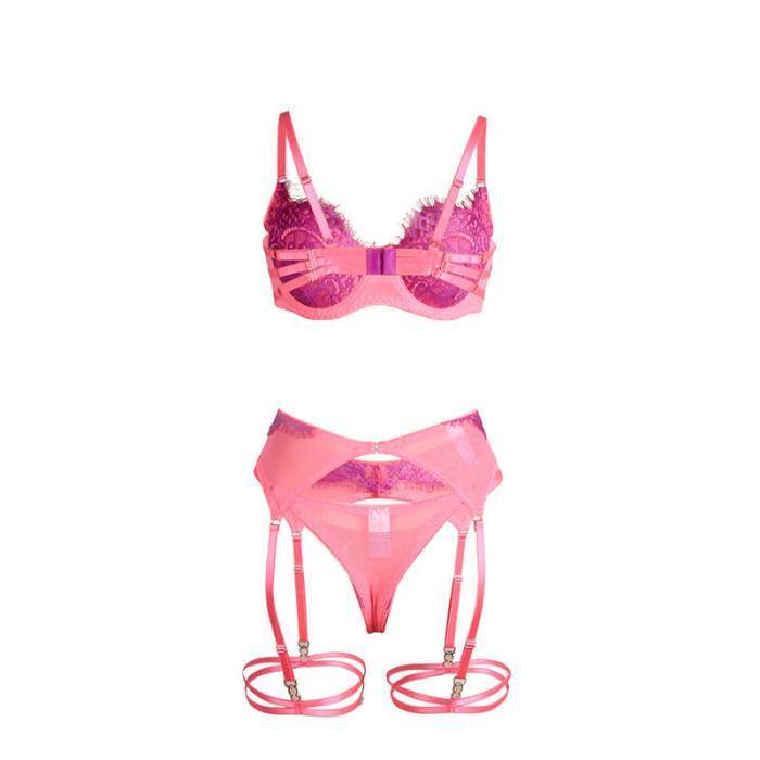 SUBBLIME - 955359 CONJUNTO DE SUTIÃ COM RENDA E LIGAS ROSA E ROXO S/M