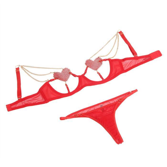 SUBBLIME - 955519 CONJUNTO DE SUTIÃ COM CORRENTES E MALHA CORAÃÃO VERMELHO S/M