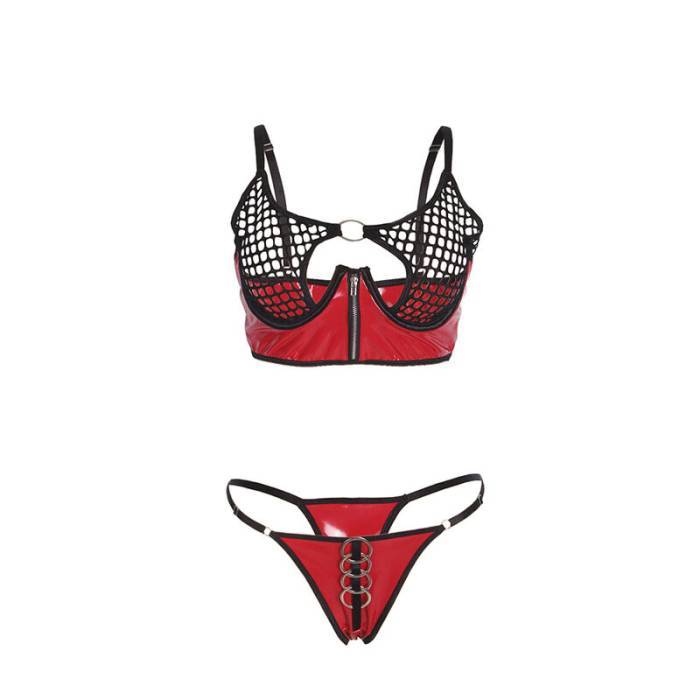 SUBBLIME - 955533 CONJUNTO DE SUTIÃ DE COURO VERMELHO COM ZÃPER DE MALHA S/M
