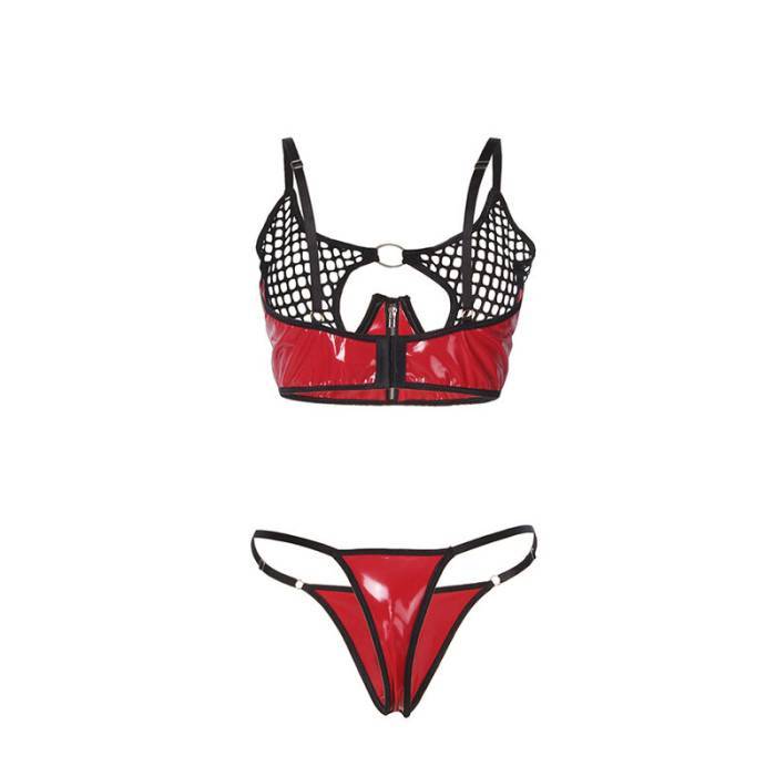 SUBBLIME - 955533 CONJUNTO DE SUTIÃ DE COURO VERMELHO COM ZÃPER DE MALHA S/M