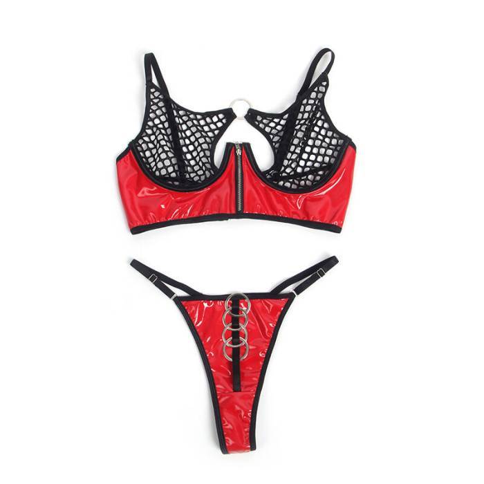 SUBBLIME - 955533 CONJUNTO DE SUTIÃ DE COURO VERMELHO COM ZÃPER DE MALHA S/M