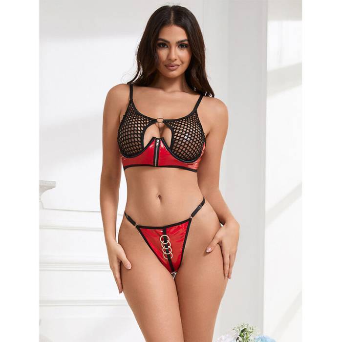 SUBBLIME - 955533 CONJUNTO DE SUTIÃ DE COURO VERMELHO COM ZÃPER DE MALHA S/M